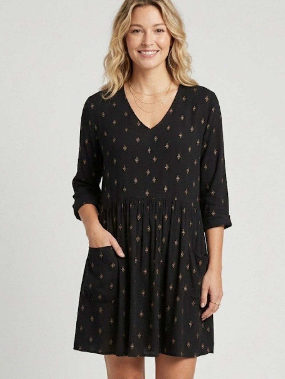 Garnet Hill Black Boho Viscose Crepe Drop Waist Pocket Dress Size 2